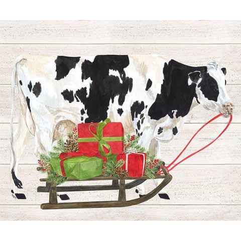 Christmas on the Farm I-Cow with Sled Black Modern Wood Framed Art Print with Double Matting by Reed, Tara