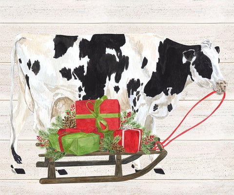 Christmas on the Farm I-Cow with Sled White Modern Wood Framed Art Print with Double Matting by Reed, Tara