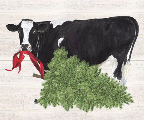 Christmas on the Farm II-Cow with Tree Black Ornate Wood Framed Art Print with Double Matting by Reed, Tara