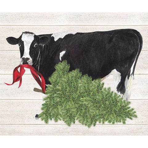 Christmas on the Farm II-Cow with Tree White Modern Wood Framed Art Print by Reed, Tara