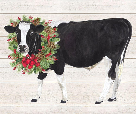 Christmas on the Farm III-Cow with Wreath Black Ornate Wood Framed Art Print with Double Matting by Reed, Tara