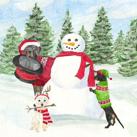 Dog Days of Christmas I-Building Snowman White Modern Wood Framed Art Print by Reed, Tara