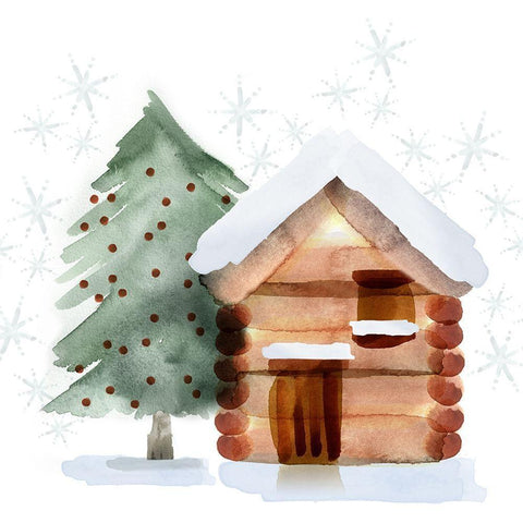 Christmas Hinterland IV-Tree and Cabin Black Ornate Wood Framed Art Print with Double Matting by Northern Lights