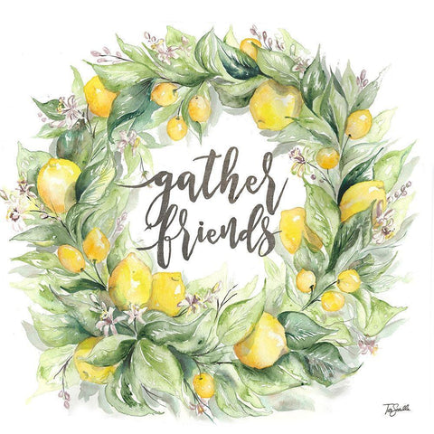 Watercolor Lemon Wreath Gather Friends White Modern Wood Framed Art Print with Double Matting by Tre Sorelle Studios