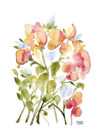 Blue and Pink Florals White Modern Wood Framed Art Print with Double Matting by Bijou, Andrea