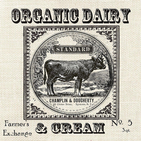 Farmhouse Grain Sack Label Cow White Modern Wood Framed Art Print by Tre Sorelle Studios