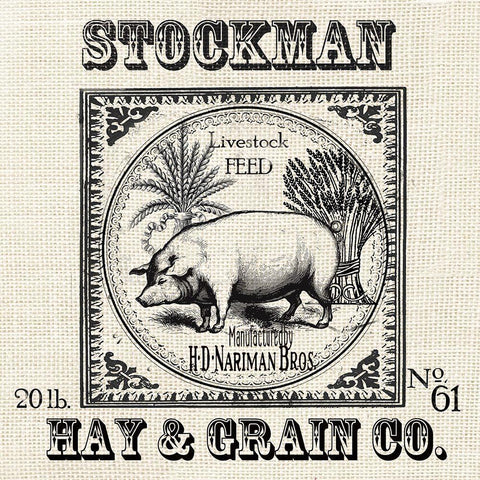 Farmhouse Grain Sack Label Pig Black Ornate Wood Framed Art Print with Double Matting by Tre Sorelle Studios