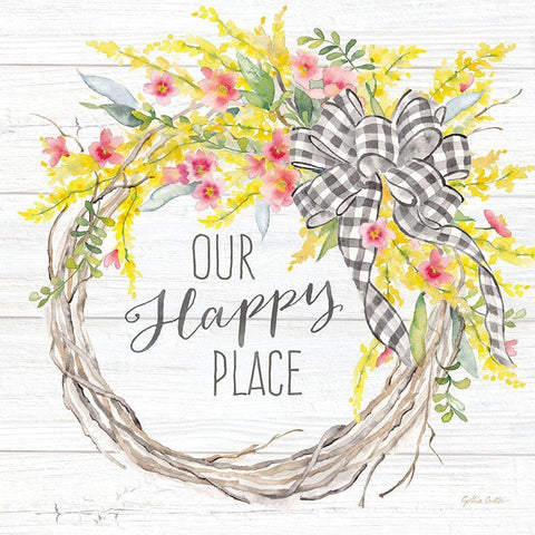 Spring Gingham Wreath Happy Place Black Ornate Wood Framed Art Print with Double Matting by Coulter, Cynthia