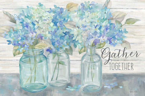 Farmhouse Hydrangeas in Mason Jars -Gather Black Ornate Wood Framed Art Print with Double Matting by Coulter, Cynthia