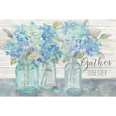 Farmhouse Hydrangeas in Mason Jars -Gather Gold Ornate Wood Framed Art Print with Double Matting by Coulter, Cynthia