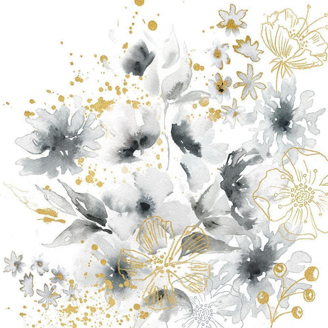 Watercolor Gray and Gold Floral White Modern Wood Framed Art Print with Double Matting by Tre Sorelle Studios