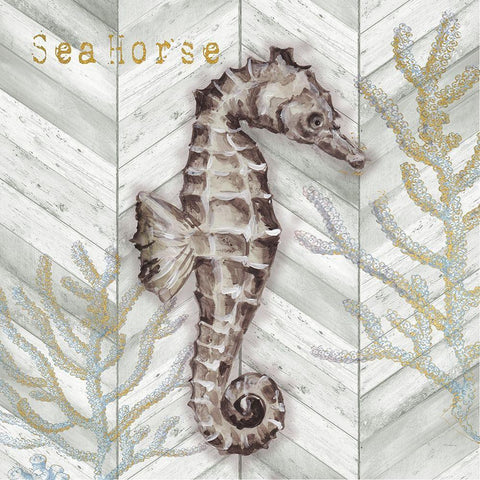 Gray Gold Chevron Seahorse White Modern Wood Framed Art Print by Tre Sorelle Studios