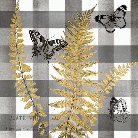 Buffalo Check Ferns and Butterflies Neutral I Gold Ornate Wood Framed Art Print with Double Matting by Tre Sorelle Studios