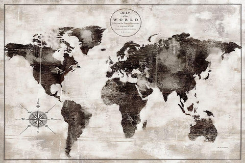 Rustic World Map Black and White Black Ornate Wood Framed Art Print with Double Matting by Cusson, Marie Elaine