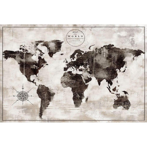 Rustic World Map Black and White Gold Ornate Wood Framed Art Print with Double Matting by Cusson, Marie Elaine