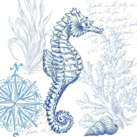 Coastal Sketchbook Sea Horse White Modern Wood Framed Art Print with Double Matting by Tre Sorelle Studios