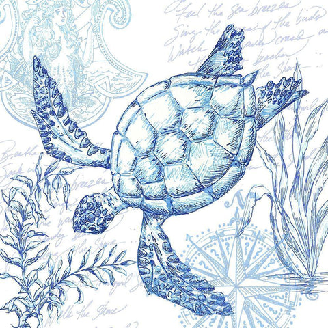 Coastal Sketchbook Turtle Gold Ornate Wood Framed Art Print with Double Matting by Tre Sorelle Studios