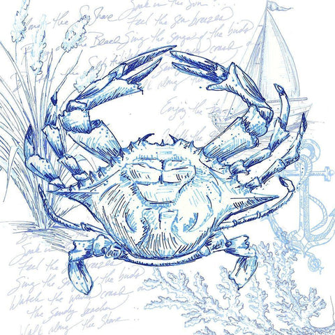 Coastal Sketchbook Crab White Modern Wood Framed Art Print with Double Matting by Tre Sorelle Studios