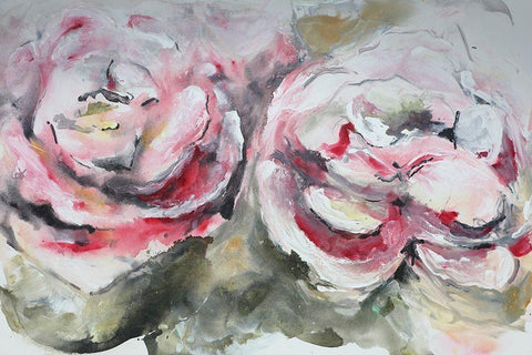 Pair of Pink Roses Landscape White Modern Wood Framed Art Print with Double Matting by Chapman, Marcy