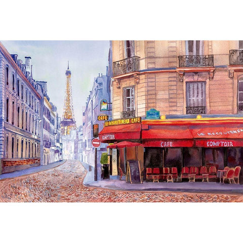 Paris Cafe w/Eiffel Black Modern Wood Framed Art Print with Double Matting by Bannarot