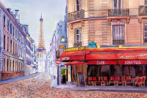 Paris Cafe w/Eiffel White Modern Wood Framed Art Print with Double Matting by Bannarot