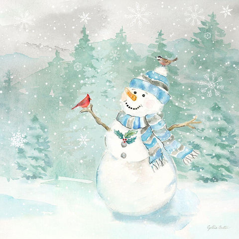 Let it Snow Blue Snowman II White Modern Wood Framed Art Print with Double Matting by Coulter, Cynthia