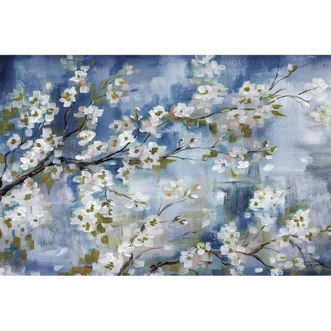 Cherry Blossoms Branch Blue and White landscape Black Modern Wood Framed Art Print with Double Matting by Tre Sorelle Studios