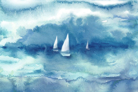 Watercolor Sailboat Abstract Blue White Modern Wood Framed Art Print with Double Matting by Tre Sorelle Studios