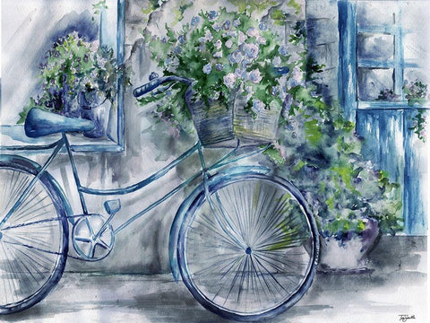 Blue and White Bicycle Florist Shop White Modern Wood Framed Art Print with Double Matting by Tre Sorelle Studios