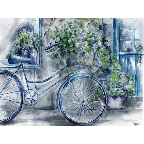 Blue and White Bicycle Florist Shop Black Modern Wood Framed Art Print by Tre Sorelle Studios