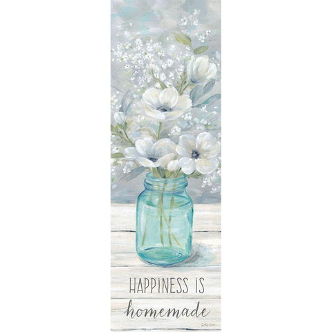 Vintage Jar Bouquet sentiment vertical I-Happiness White Modern Wood Framed Art Print by Coulter, Cynthia