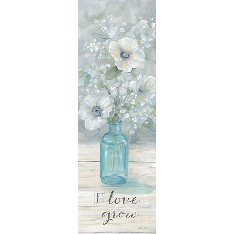 Vintage Jar Bouquet sentiment vertical II-Let Love Grow Black Modern Wood Framed Art Print with Double Matting by Coulter, Cynthia