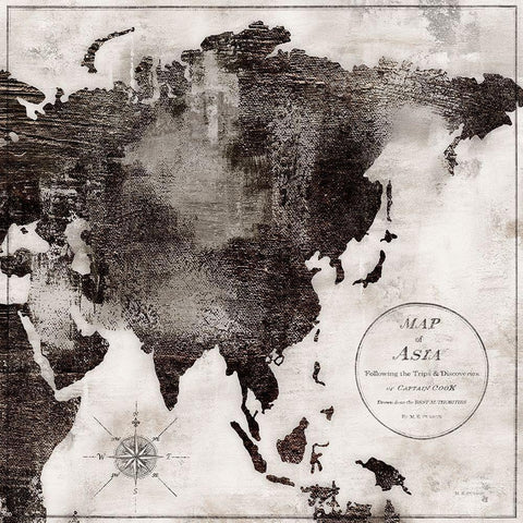 World Map Black and White II-Asia White Modern Wood Framed Art Print by Cusson, Marie-Elaine