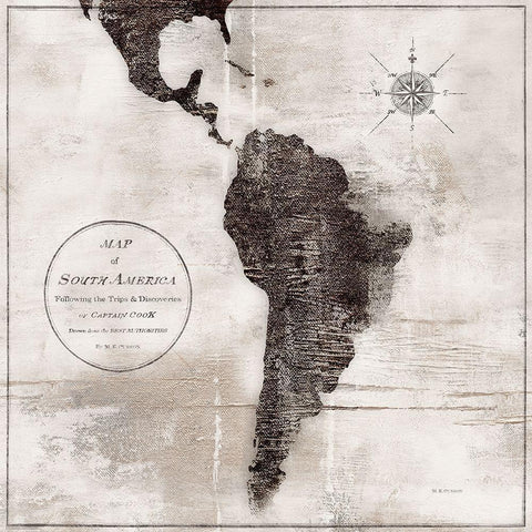 World Map Black and White VI-South America White Modern Wood Framed Art Print by Cusson, Marie-Elaine