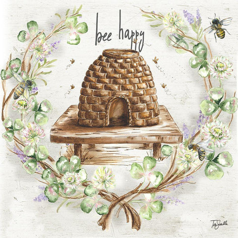 Honey Bee and Clover Wreath II Black Modern Wood Framed Art Print with Double Matting by Tre Sorelle Studios