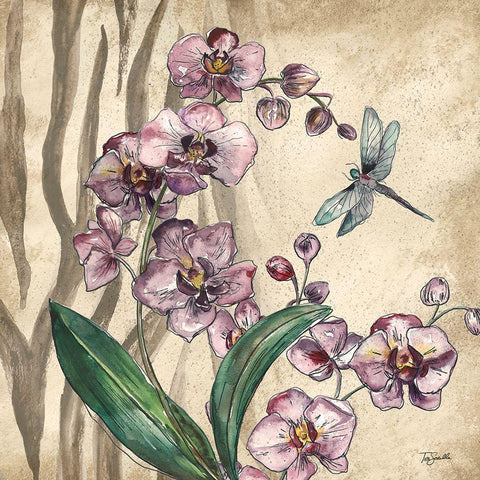 Boho Orchid and Dragonfly I Black Ornate Wood Framed Art Print with Double Matting by Tre Sorelle Studios