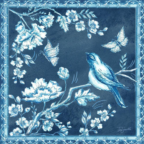 Chinoiserie Tile blue II White Modern Wood Framed Art Print with Double Matting by Tre Sorelle Studios