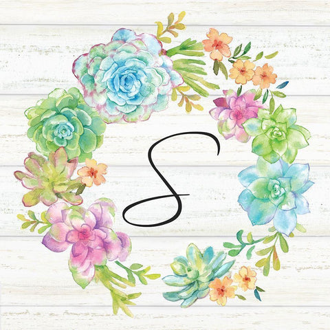 Sweet Succulents Wreath Monogram S White Modern Wood Framed Art Print by Coulter, Cynthia