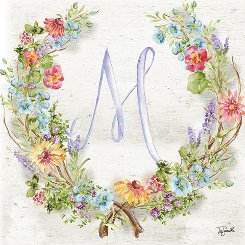 Herb Blossom Wreath Monogram M Gold Ornate Wood Framed Art Print with Double Matting by Tre Sorelle Studios