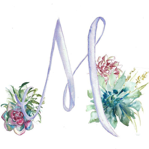 Watercolor Succulent Monogram M White Modern Wood Framed Art Print by Tre Sorelle Studios