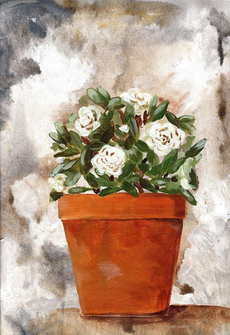 White Flower Clay Pot I Black Ornate Wood Framed Art Print with Double Matting by Chapman, Marcy