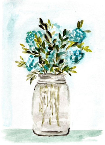 Blue Floral Mason Jar White Modern Wood Framed Art Print with Double Matting by Chapman, Marcy