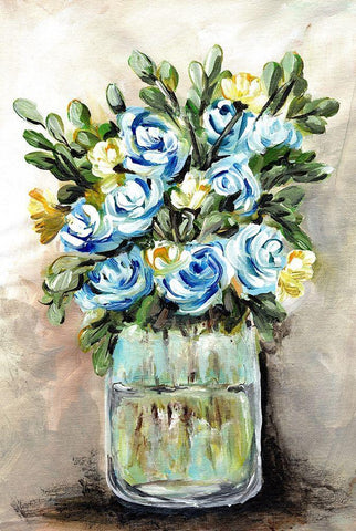 Blue and Yellow  Floral Mason Jar Black Ornate Wood Framed Art Print with Double Matting by Chapman, Marcy