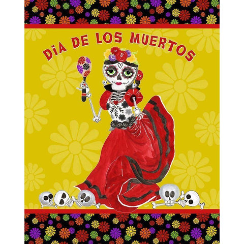 Day of the Dead portrait II-Dancing Woman on gold White Modern Wood Framed Art Print by Reed, Tara