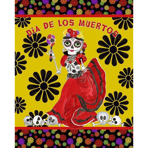 Day of the Dead portrait III-Dancing Woman gold and black White Modern Wood Framed Art Print by Reed, Tara