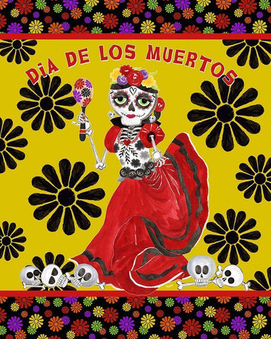 Day of the Dead portrait III-Dancing Woman gold and black Black Ornate Wood Framed Art Print with Double Matting by Reed, Tara