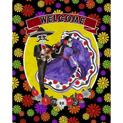 Day of the Dead portrait VIII-Sugar Skull Couple welcome flowers White Modern Wood Framed Art Print by Reed, Tara