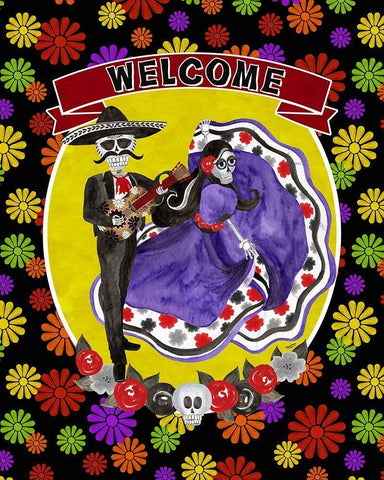 Day of the Dead portrait VIII-Sugar Skull Couple welcome flowers Black Ornate Wood Framed Art Print with Double Matting by Reed, Tara