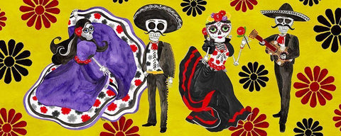 Day of the Dead panel II-Sugar Skull Couple Black Ornate Wood Framed Art Print with Double Matting by Reed, Tara