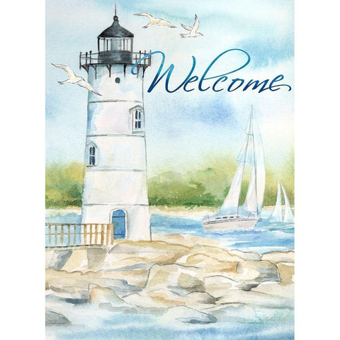 East Coast Lighthouse portrait I-Welcome White Modern Wood Framed Art Print by Coulter, Cynthia